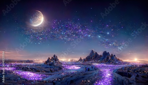 Fantasy landscape with sandy glaciers and purple crystal. Concept art. fantasy photo