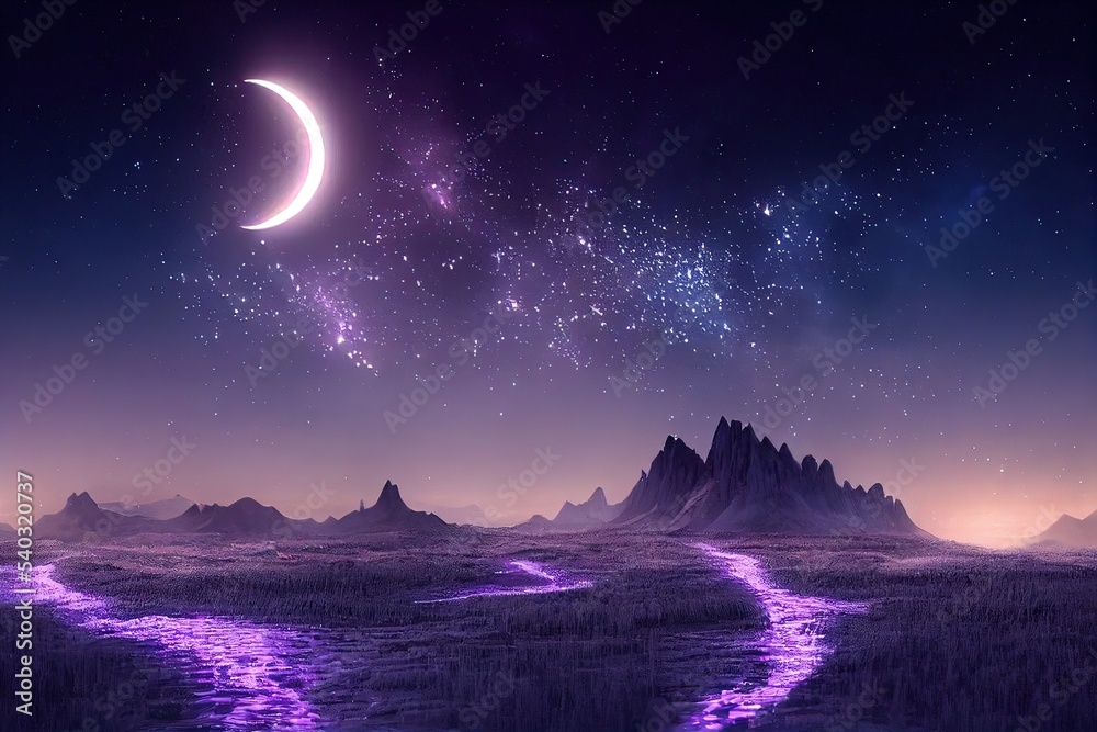 Fantasy landscape with sandy glaciers and purple crystal. Concept art. fantasy