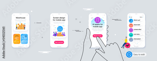Outline set of Open door, Paint roller and Delivery truck line icons for web application. Phone ui interface. Include New house, Warning, Fragile package icons. Consolidation, Return package. Vector
