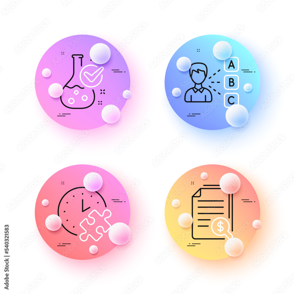Puzzle time, Chemistry lab and Opinion minimal line icons. 3d spheres or balls buttons. Financial documents icons. For web, application, printing. Jigsaw game, Laboratory flask, Choose answer. Vector