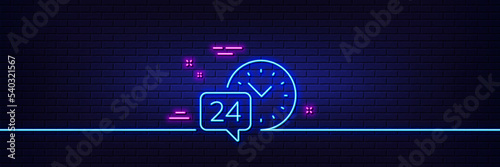 Neon light glow effect. 24 hour time service line icon. Call support sign. Feedback chat symbol. 3d line neon glow icon. Brick wall banner. 24h service outline. Vector