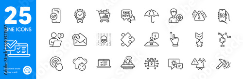Outline icons set. Fake news, Strategy and Warning icons. Employees talk, Approved phone, Hammer blow web elements. Receive mail, Web lectures, Winner medal signs. Touchscreen gesture. Vector