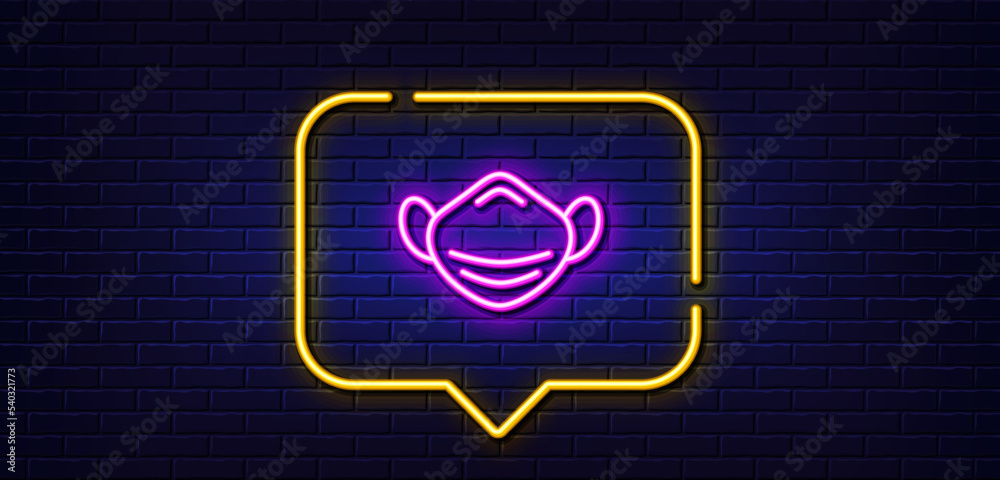Neon light speech bubble. Medical mask line icon. Safety breathing respiratory mask sign. Coronavirus face protection symbol. Neon light background. Medical mask glow line. Brick wall banner. Vector Neon light speech bubble. Medical mask line icon. Safety breathing respiratory mask sign. Coronavirus face protection symbol. Neon light background. Medical mask glow line. Brick wall banner. Vector