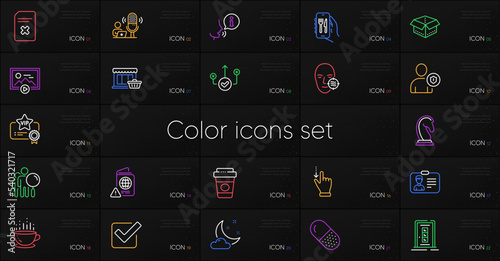 Set of Open box, Problem skin and Passport warning line icons. Include Capsule pill, Marketplace, Touchscreen gesture icons. Restaurant app, Night weather, Identification card web elements. Vector
