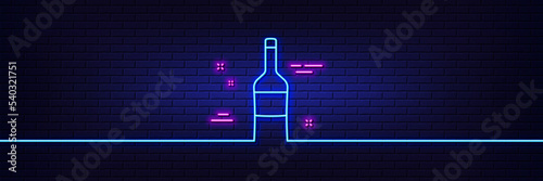 Neon light glow effect. Wine bottle line icon. Merlot or Cabernet Sauvignon sign. 3d line neon glow icon. Brick wall banner. Wine outline. Vector