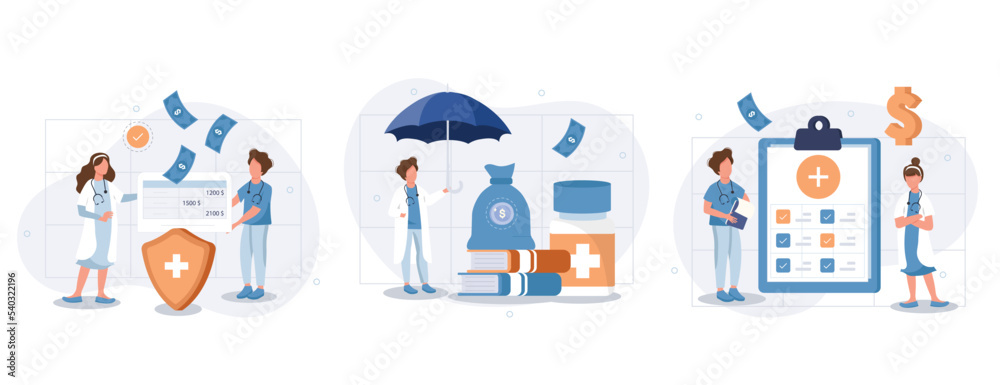 Health insurance illustration set. Doctor offering medical insurance policy contract. Patient holding insurance ID card. Medicine and healthcare concept. Vector illustration.	
