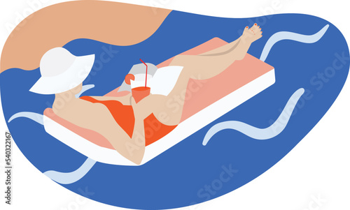 White Woman drifting on Floating mat at the Beach Reading book with drink in hand