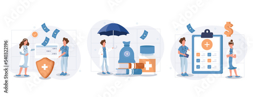 Health insurance illustration set. Doctor offering medical insurance policy contract. Patient holding insurance ID card. Medicine and healthcare concept. Vector illustration.	
