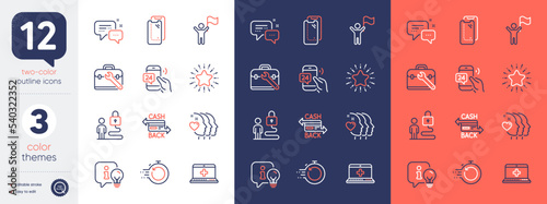 Set of Smartphone glass, Cashback card and Lamp line icons. Include Employees messenger, Star, Leadership icons. Fast recovery, Tool case, Medical help web elements. Friends couple. Vector