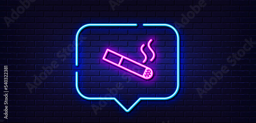 Neon light speech bubble. Smoking area line icon. Cigarette sign. Smokers zone symbol. Neon light background. Smoking glow line. Brick wall banner. Vector