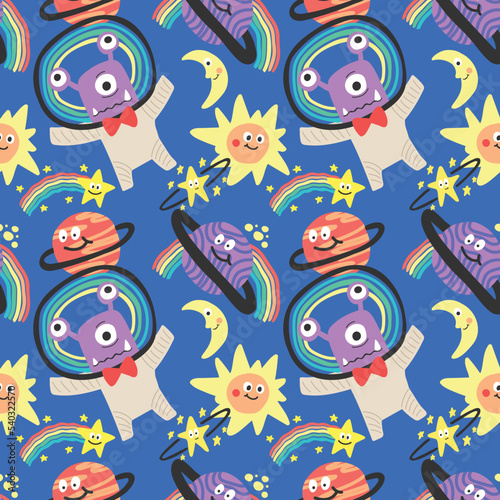 cute character space aliens stars and planets seamless pattern design vector