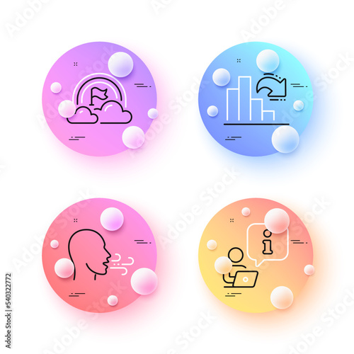 Decreasing graph, Lgbt and Breathing exercise minimal line icons. 3d spheres or balls buttons. Interview icons. For web, application, printing. Column chart, Rainbow flag, Breath. Vector