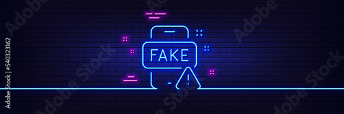 Neon light glow effect. Fake news line icon. Web propaganda sign. Wrong truth symbol. 3d line neon glow icon. Brick wall banner. Fake news outline. Vector