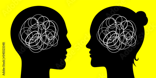 Man and woman looking at each other with chaotic thoughts in their brains. Gender relationships psychological concept vector illustration.