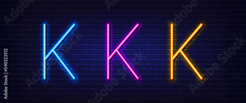 Initial letter K icon. Neon light line effect. Line typography character sign. Large first font letter. Glowing neon light element. Letter K glow 3d line. Brick wall banner. Vector