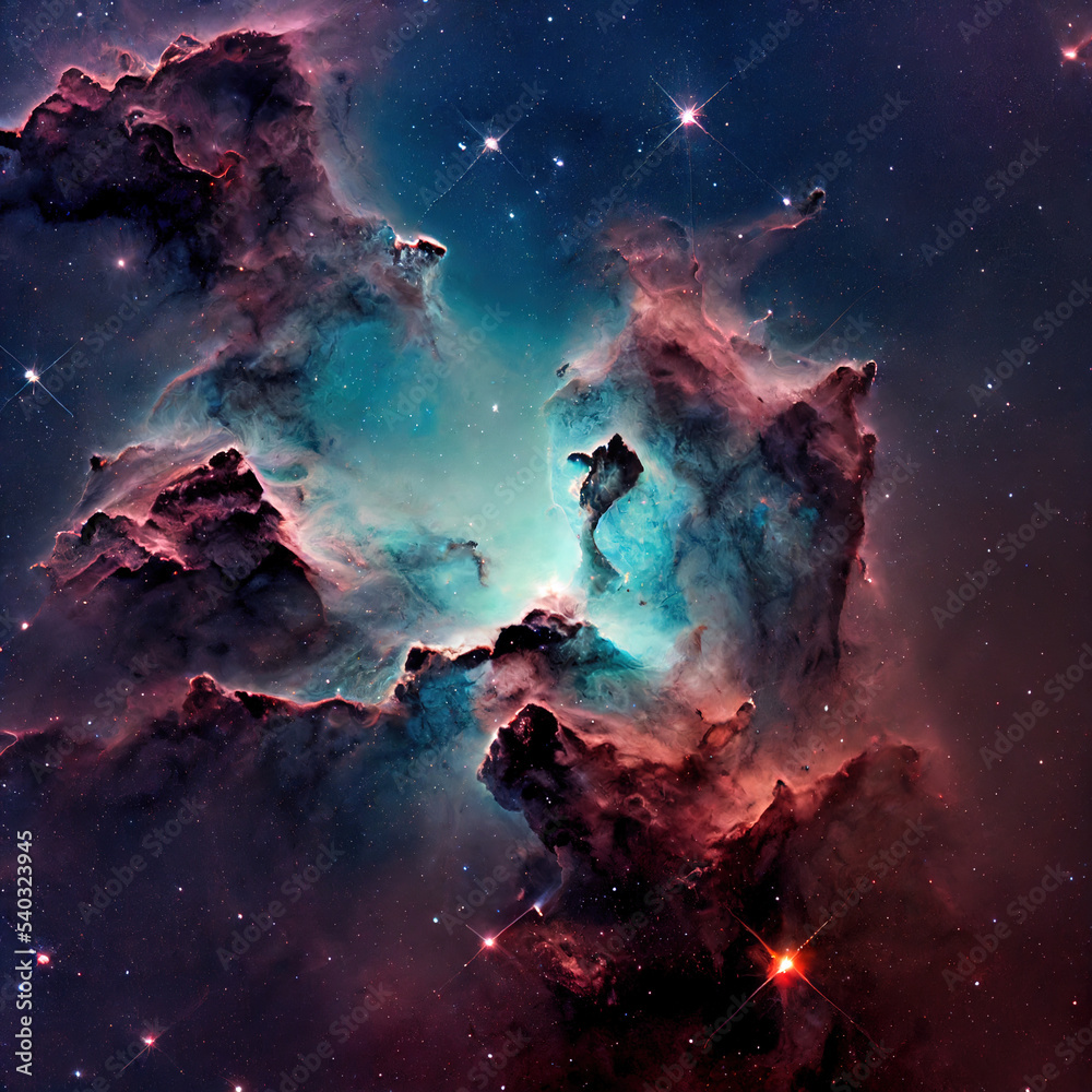 Nebula and planet in dark blue sky