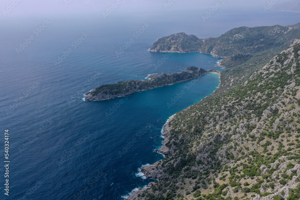 Aerial view of Marmaris ciftlik bay with beautiful colored sea top view