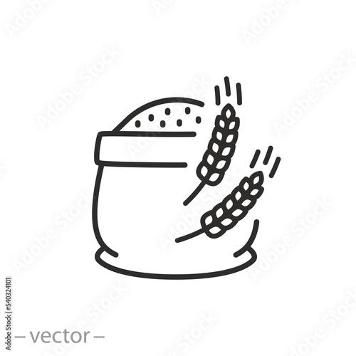 flour bag icon, sack and wheat ears, thin line symbol on white background - editable stroke vector illustration eps10