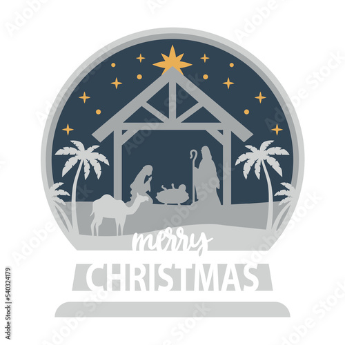 Nativity scene layered card. Christmas holiday postcard design. Paper cut layered card.