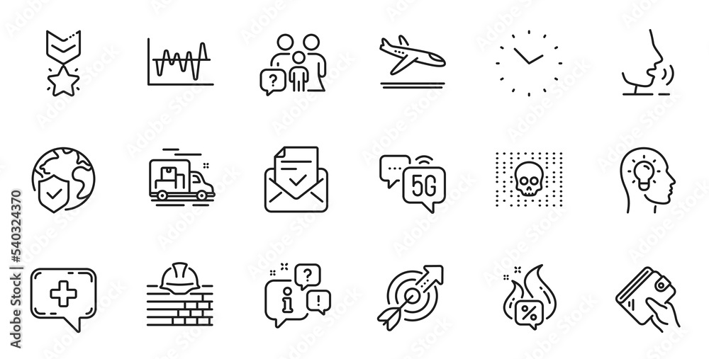 Outline set of Winner medal, Idea head and Stock analysis line icons for web application. Talk, information, delivery truck outline icon. Include 5g internet, Target, Medical chat icons. Vector