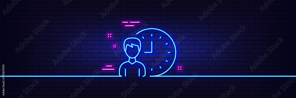 Neon light glow effect. Business project deadline line icon. Working hours or Time management sign. 3d line neon glow icon. Brick wall banner. Working hours outline. Vector