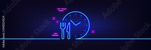 Neon light glow effect. Food time line icon. Meal order clock sign. Restaurant opening hours symbol. 3d line neon glow icon. Brick wall banner. Food time outline. Vector