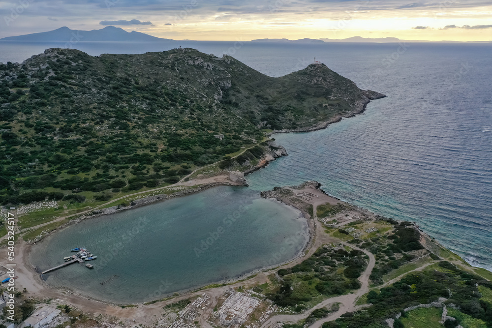 Fototapeta premium Knidos ancient city aerial view with cloudy sky