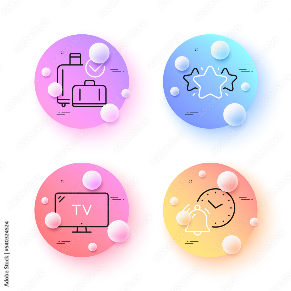 Alarm clock, Baggage reclaim and Tv minimal line icons. 3d spheres or balls buttons. Star icons. For web, application, printing. Time notice, Check in bag, Television. Favorite. Vector Alarm clock, Baggage reclaim and Tv minimal line icons. 3d spheres or balls buttons. Star icons. For web, application, printing. Time notice, Check in bag, Television. Favorite. Vector