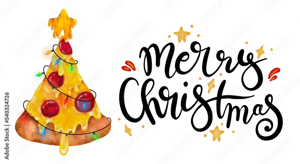 Naklejka premium pizza christmas tree merry christmas watercolor