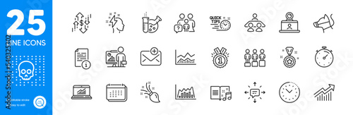 Outline icons set. Winner reward, Dollar rate and New mail icons. Demand curve, Manual, Quick tips web elements. Teacher, Approved, Brush signs. Infographic graph, Cyber attack, Interview job. Vector