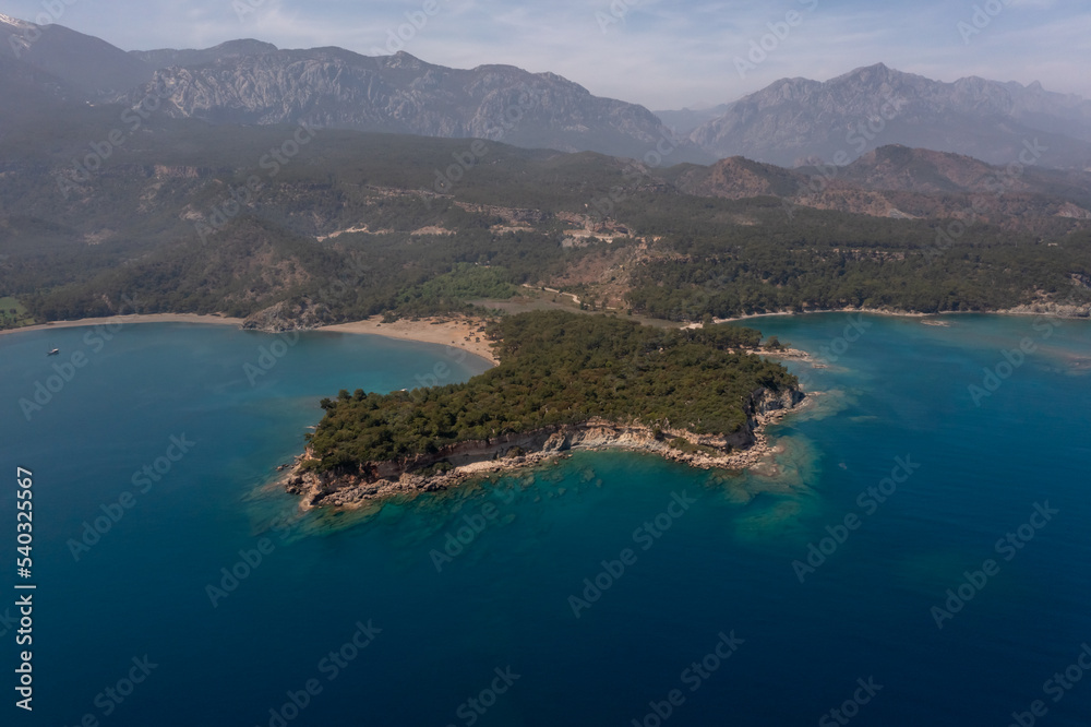 Phaselis ancient city aerial view with blue sea and sky