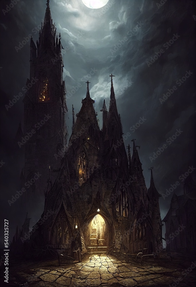 Gothic church, dark temple, horror setting, full moon Gothic church, dark temple, horror setting, full moon