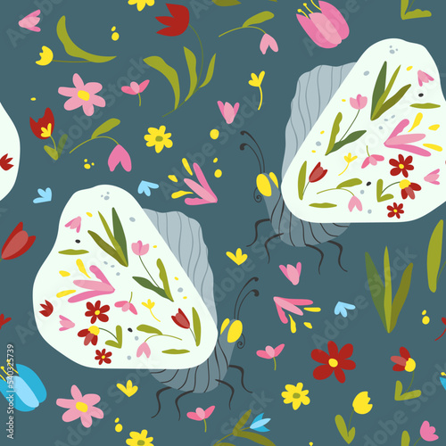 Seamless endless with butterflies and flowers pattern with dark background vector illustration