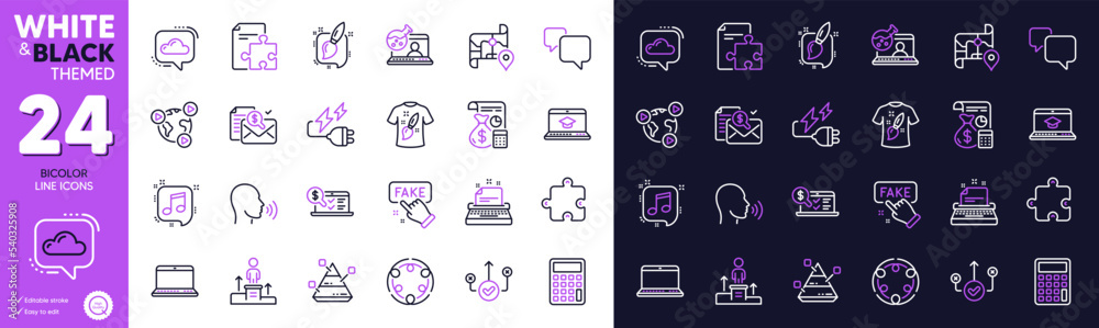 Cloud communication, Strategy and Puzzle line icons for website, printing. Collection of Electricity plug, Business podium, Pyramid chart icons. Calculator, Inclusion. Bicolor outline icon. Vector Cloud communication, Strategy and Puzzle line icons for website, printing. Collection of Electricity plug, Business podium, Pyramid chart icons. Calculator, Inclusion. Bicolor outline icon. Vector