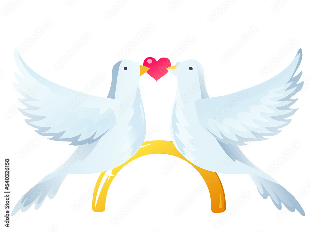 Obraz premium Love design concept with two white pigeons holding heart in its beak on transparent realistic