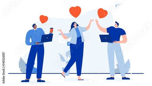 People love work - Three businesspeople loving job and workplace, smiling and cheering with red hearts. Flat design cartoon illustration with white background