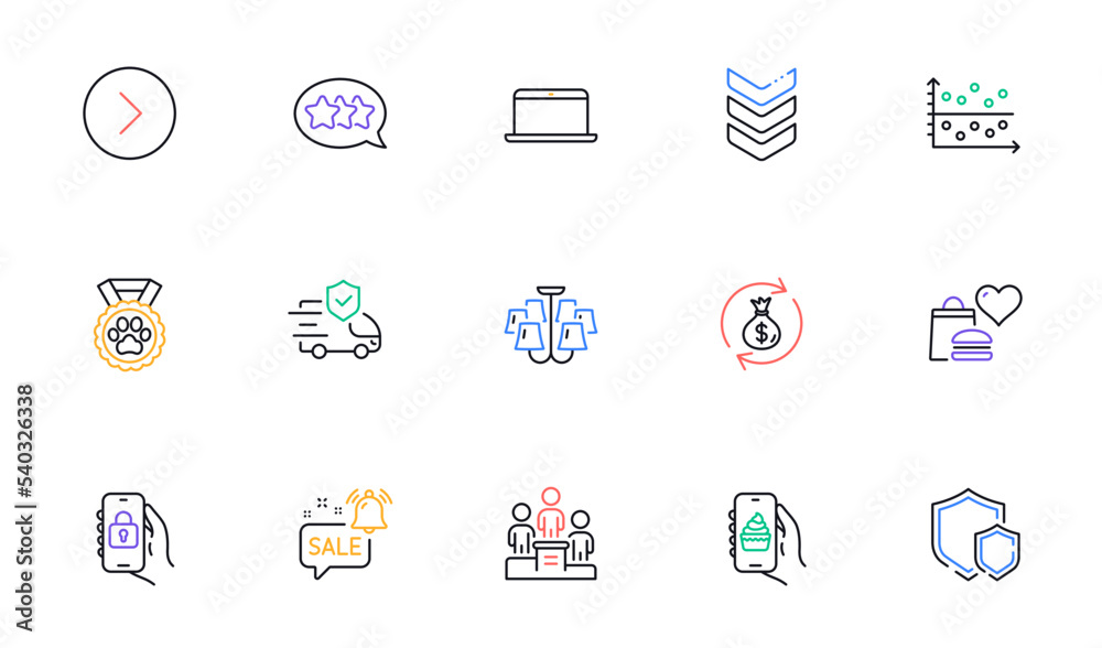 Laptop, Shoulder strap and Food donation line icons for website, printing. Collection of Forward, Dog competition, Transport insurance icons. Locked app, Shields, Money exchange web elements. Vector