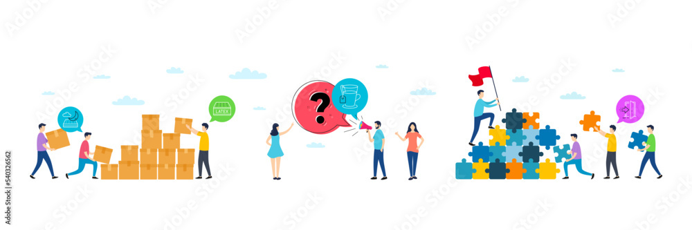 Latex mattress, Night mattress and Tea minimal line icons. People characters with puzzle, delivery parcel. Entrance icons. For web, application, printing. Sleeping pad, Glass mug, Open door. Vector