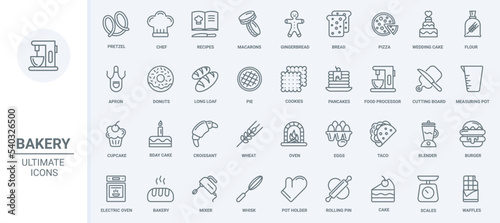 Bakery food menu and kitchen equipment thin line icons set vector illustration. Outline sweet cake and bread or loaf, pizza and croissant, donut and burger, chefs hat with apron and mixer with whisk