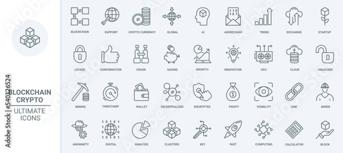 Cryptocurrency, blockchain thin line icons set vector illustration. Outline global digital crypto money trends, profit on fintech exchange analysis and bitcoin data mining, startup launch rocket
