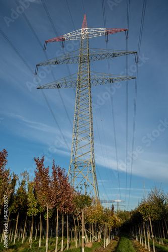 Outdoor sunny view of trees and agricultural field under high voltage post and cable on countryside in Düsseldorf, Meerbusch, Germany.