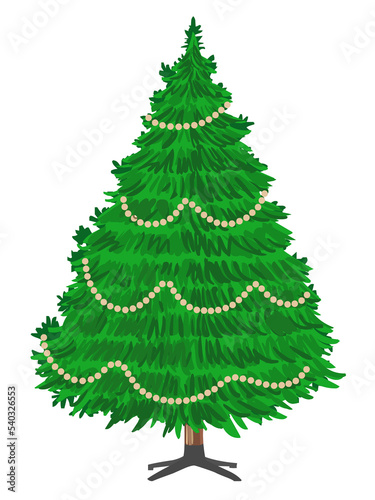 Vector christmas tree isolated on transparent background. Beautiful shining christmas tree with decorations - balls, garlands, bulbs, tinsel and a golden 
