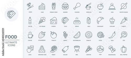 Food thin line icons set vector illustration. Outline restaurant or fast food cafe symbols, french fries and chicken, noodles taco and pizza, ice cream croissant and cupcake with coffee and juice