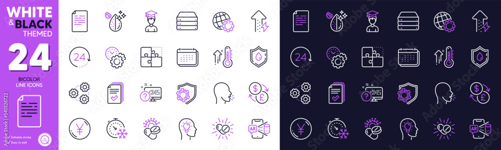Globe, Currency exchange and Servers line icons for website, printing. Collection of Idea head, Yen money, Medical drugs icons. Coronavirus, Dirty water, Online quiz web elements. Vector Globe, Currency exchange and Servers line icons for website, printing. Collection of Idea head, Yen money, Medical drugs icons. Coronavirus, Dirty water, Online quiz web elements. Vector