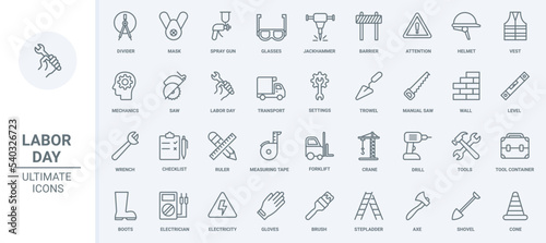 Workers tools in industry thin black line icons set vector illustration. Outline paint brush and wrench, saw and shovel from mechanical repair toolbox, construction crane and drill, road barrier