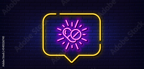 Neon light speech bubble. Medical drugs line icon. Medicine pills sign. Pharmacy medication symbol. Neon light background. Medical drugs glow line. Brick wall banner. Vector