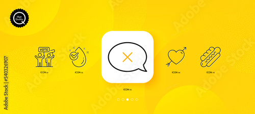 Love, Water drop and Hotdog minimal line icons. Yellow abstract background. Voting campaign, Reject icons. For web, application, printing. Valentines day, Clean aqua, Bread with sausage. Vector
