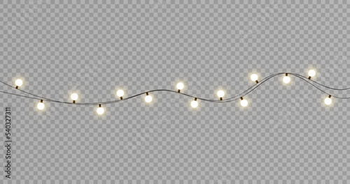Christmas lights isolated realistic design elements. Glowing lights for Xmas Holiday cards, banners, posters, web design. Stock royalty free vector illustration. PNG