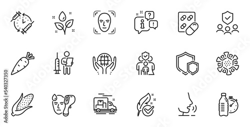 Outline set of Hypoallergenic tested  Carrot and Plants watering line icons for web application. Talk  information  delivery truck outline icon. Vector
