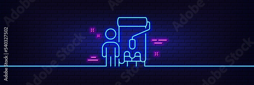 Neon light glow effect. Painter line icon. Paint brush roller sign. Professional artist symbol. 3d line neon glow icon. Brick wall banner. Painter outline. Vector